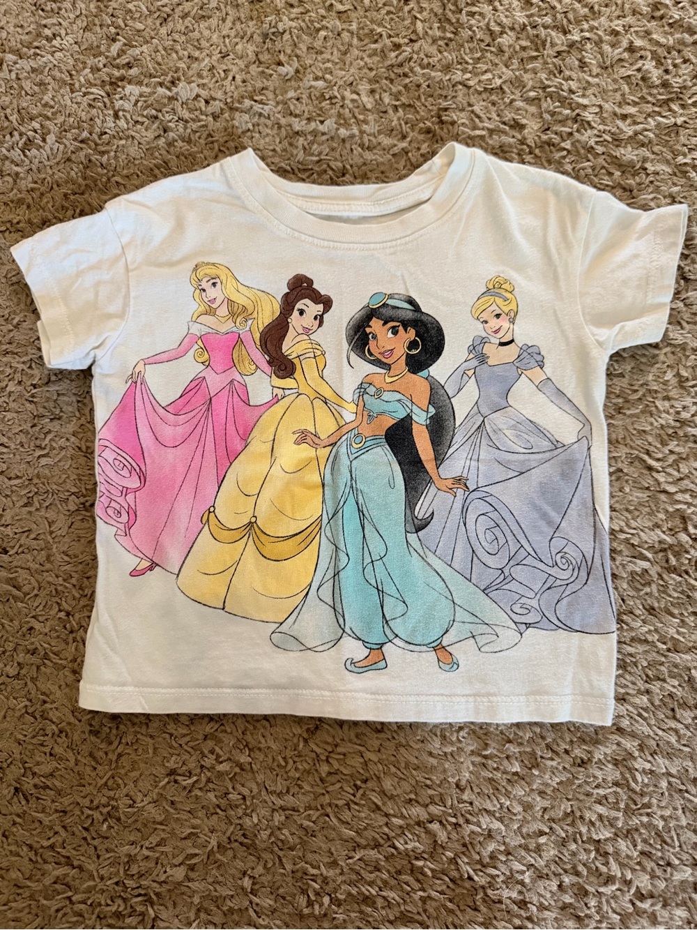 Disney Toddler White Princess Graphic Tee with Pink, Yellow & Blue Dresses 2T